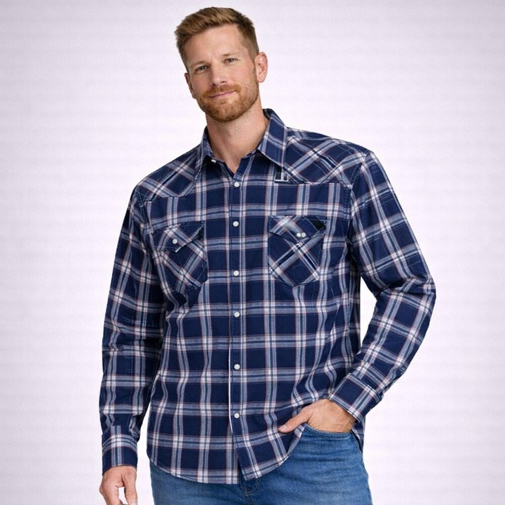 Ely Cattleman Pearl Snap Western Shirt Mens 3X BIG Blue White Plaid Long Sleeve